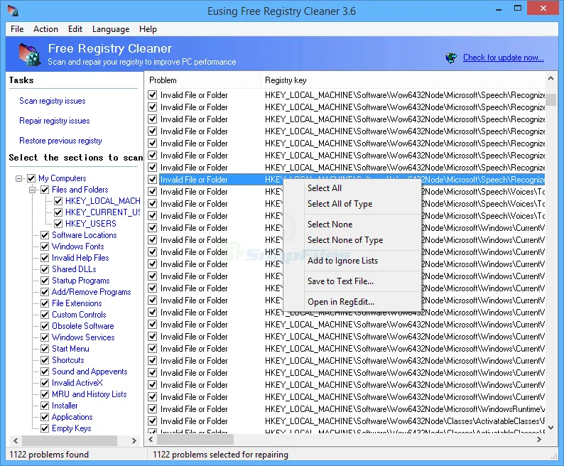 Eusing Free Registry Cleaner 截图 1